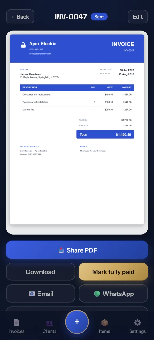 An invoice PDF preview