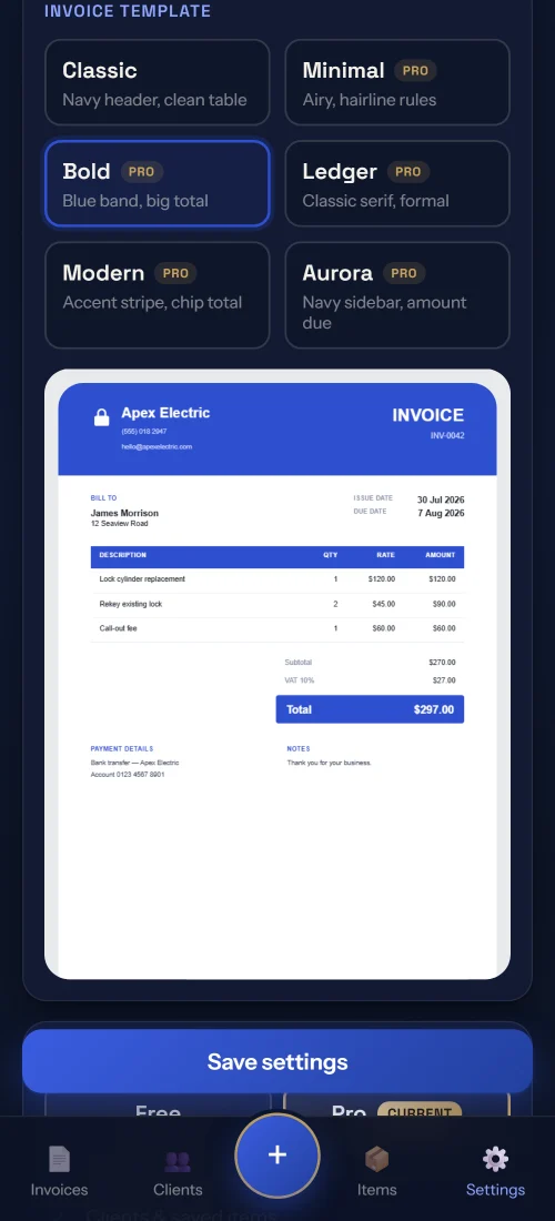 Choosing an invoice template